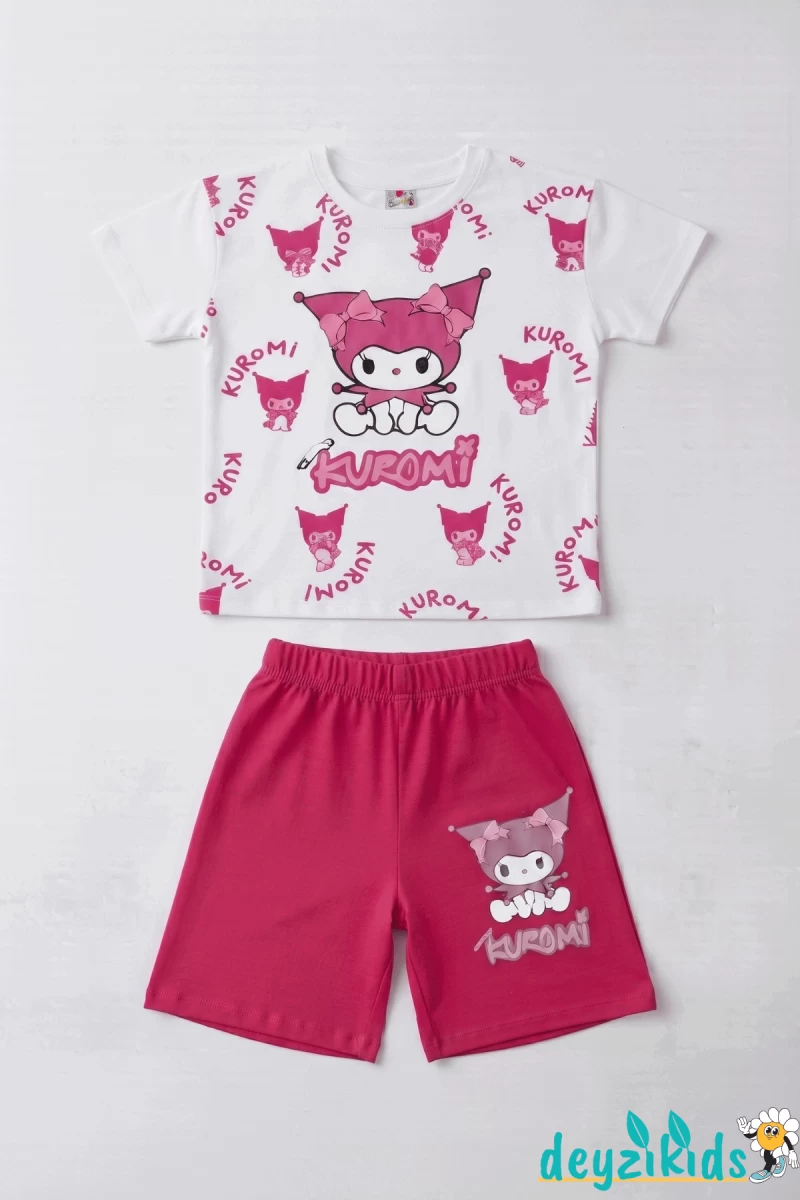 Kurdelalı Kuromi Beyaza Baskılı Kısa Kollu Esnek Kumaş Yuvarlak Bisiklet Yaka T-shirt Beli Lastikli Short Alt Üst Takım