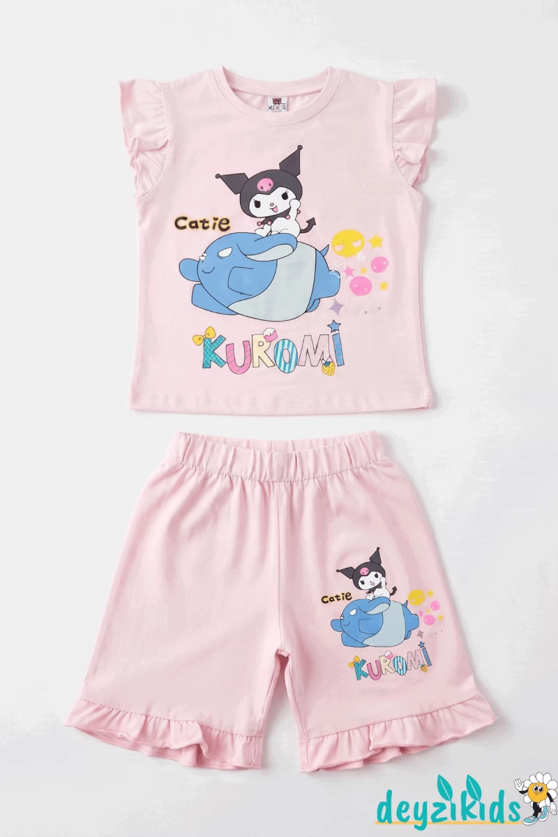 Catie Kuromi Baskılı Sıfır 0 Kollu Esnek Kumaş Fırfırlı Yuvarlak Bisiklet Yaka T-shirt Beli Lastikli Short Alt Üst Takım Yaz