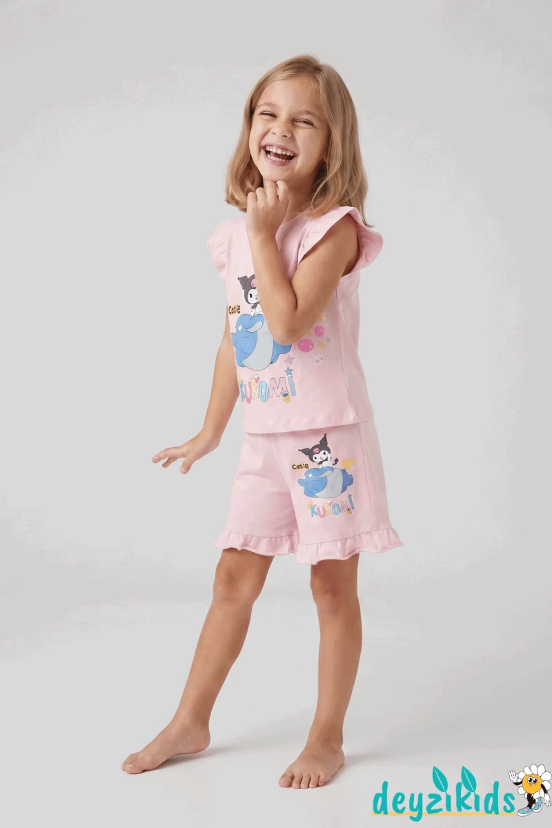 Catie Kuromi Baskılı Sıfır 0 Kollu Esnek Kumaş Fırfırlı Yuvarlak Bisiklet Yaka T-shirt Beli Lastikli Short Alt Üst Takım Yaz