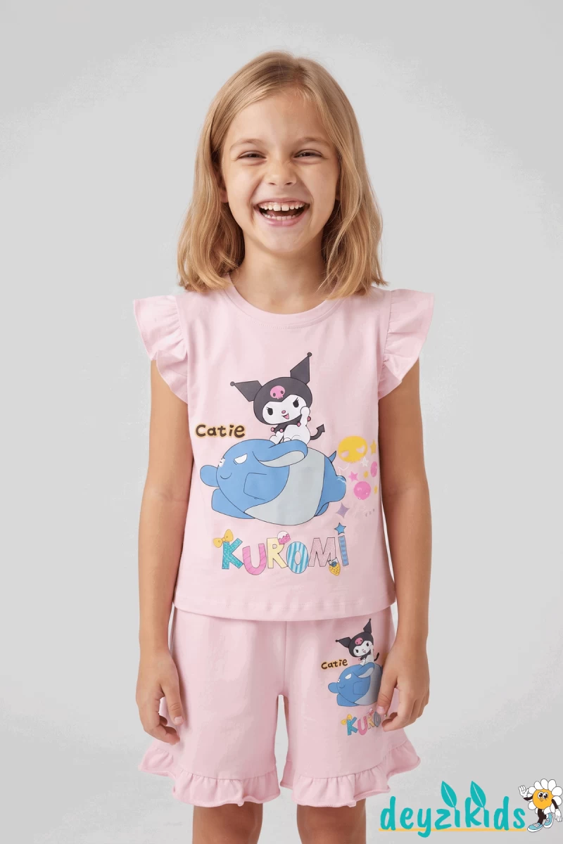 Catie Kuromi Baskılı Sıfır 0 Kollu Esnek Kumaş Fırfırlı Yuvarlak Bisiklet Yaka T-shirt Beli Lastikli Short Alt Üst Takım Yaz