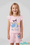 Catie Kuromi Baskılı Sıfır 0 Kollu Esnek Kumaş Fırfırlı Yuvarlak Bisiklet Yaka T-shirt Beli Lastikli Short Alt Üst Takım Yaz
