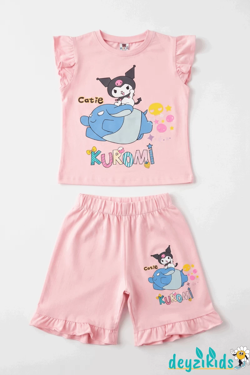 Catie Kuromi Baskılı Sıfır 0 Kollu Esnek Kumaş Fırfırlı Yuvarlak Bisiklet Yaka T-shirt Beli Lastikli Short Alt Üst Takım Yaz
