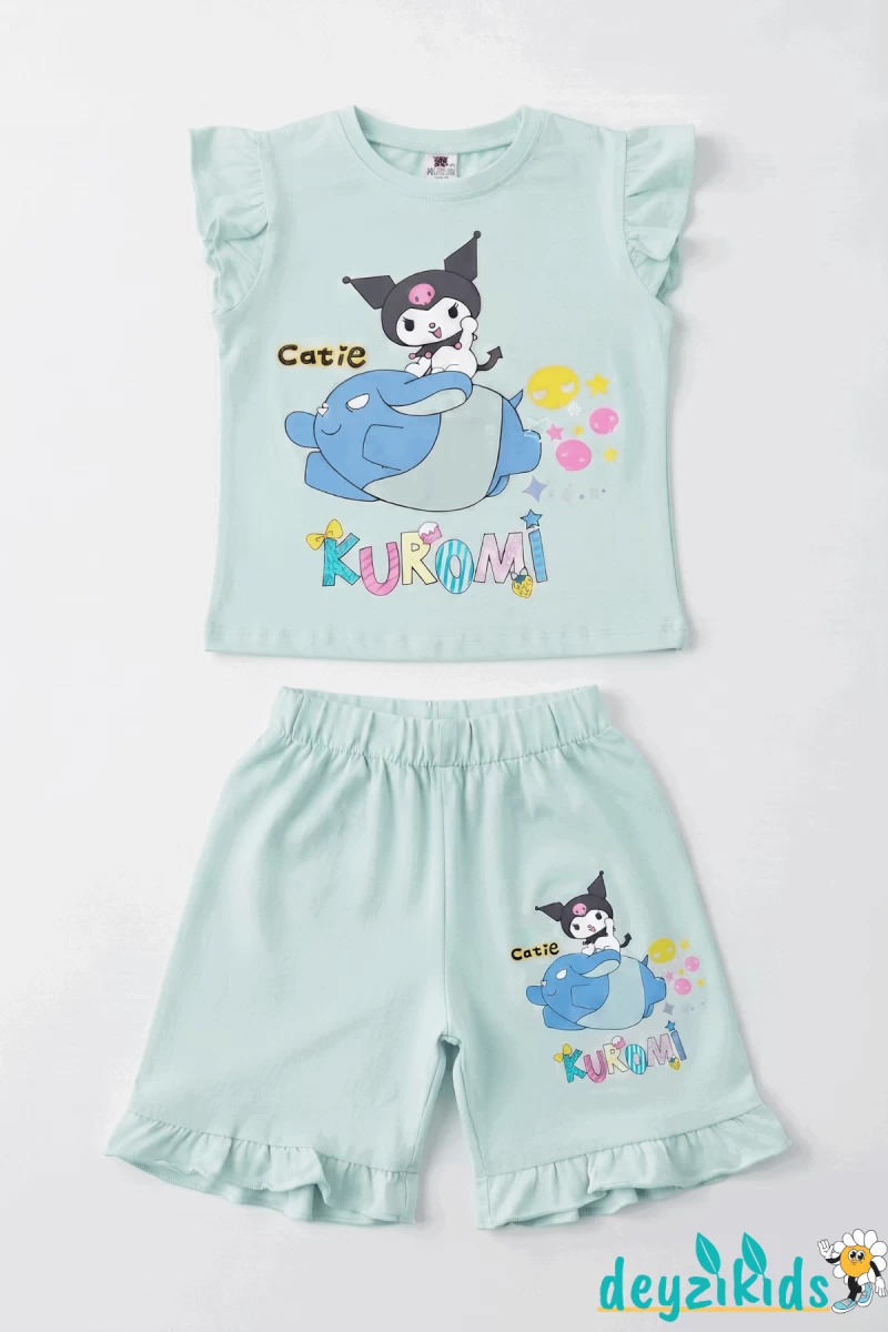 Catie Kuromi Baskılı Sıfır 0 Kollu Esnek Kumaş Fırfırlı Yuvarlak Bisiklet Yaka T-shirt Beli Lastikli Short Alt Üst Takım Yaz
