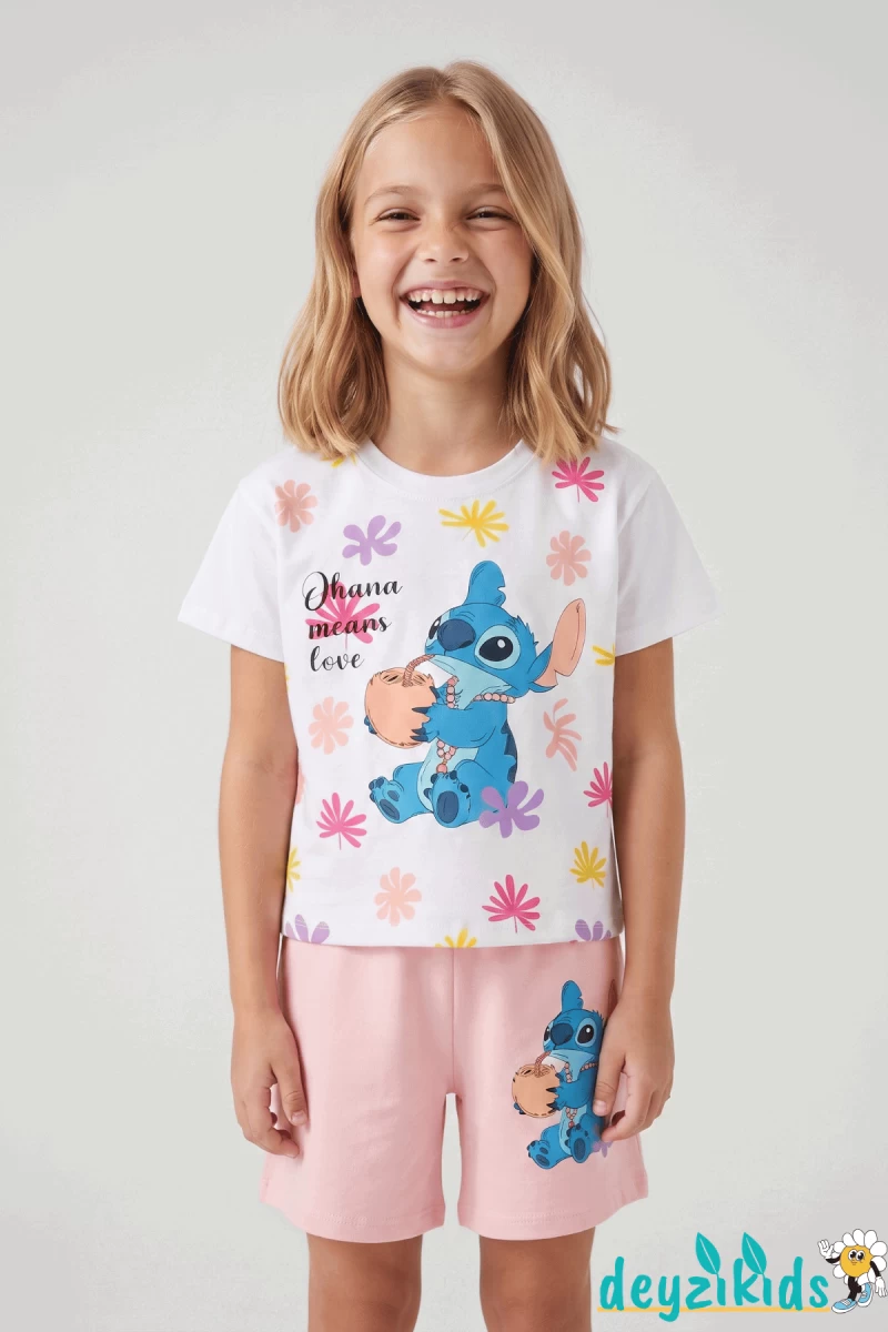 Kuromi Kalp Baskılı Fırfır 0 Sıfır Kollu Esnek Kumaş Yuvarlak Bisiklet Yaka T-shirt Beli Lastikli Short Alt Üst Takım