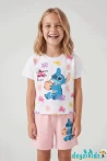 Kuromi Kalp Baskılı Fırfır 0 Sıfır Kollu Esnek Kumaş Yuvarlak Bisiklet Yaka T-shirt Beli Lastikli Short Alt Üst Takım