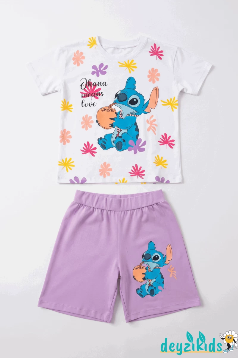 Kuromi Kalp Baskılı Fırfır 0 Sıfır Kollu Esnek Kumaş Yuvarlak Bisiklet Yaka T-shirt Beli Lastikli Short Alt Üst Takım