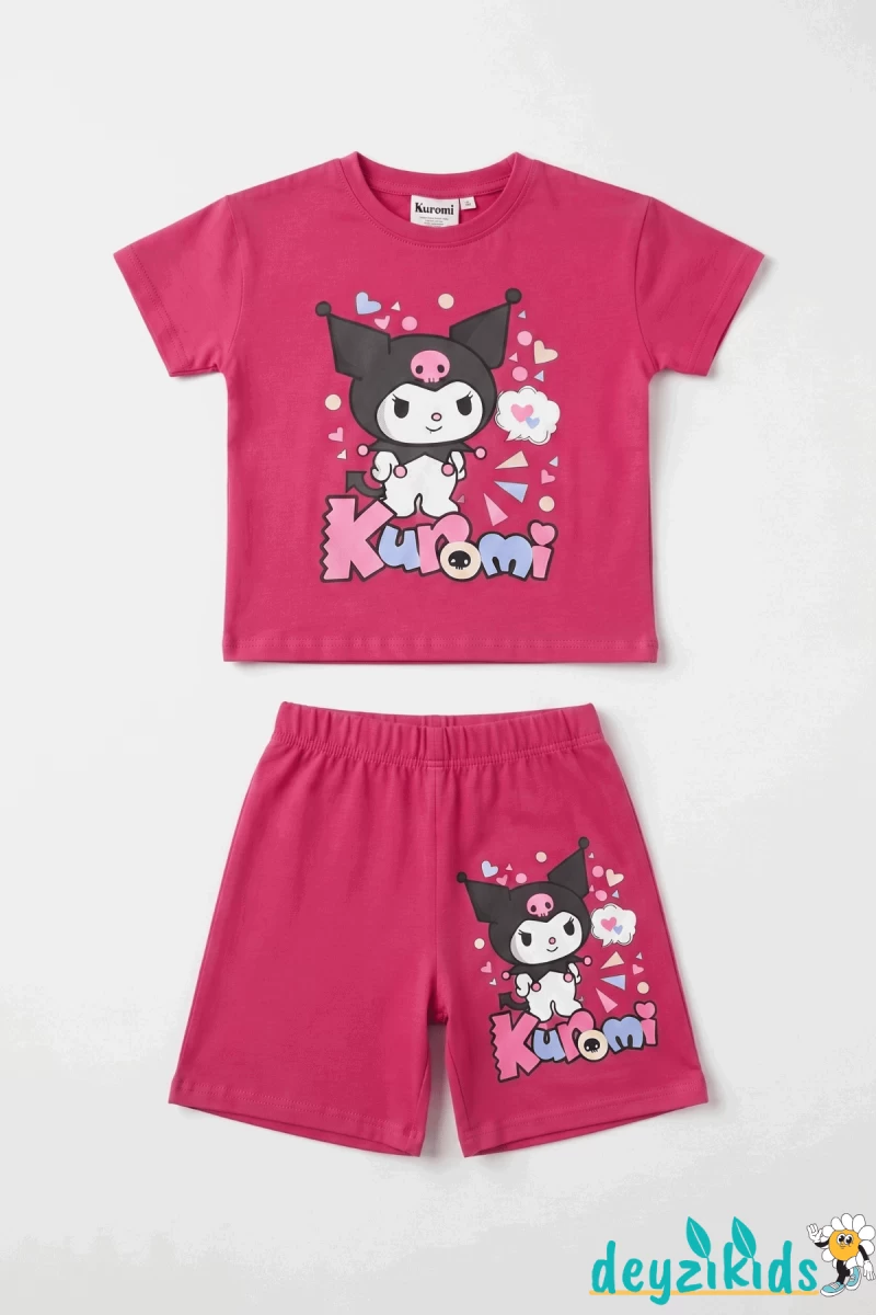 Kuromi Kalp Baskılı Kısa Kollu Esnek Kumaş Yuvarlak Bisiklet Yaka T-shirt Beli Lastikli Short Alt Üst Takım