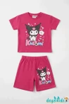 Kuromi Kalp Baskılı Kısa Kollu Esnek Kumaş Yuvarlak Bisiklet Yaka T-shirt Beli Lastikli Short Alt Üst Takım