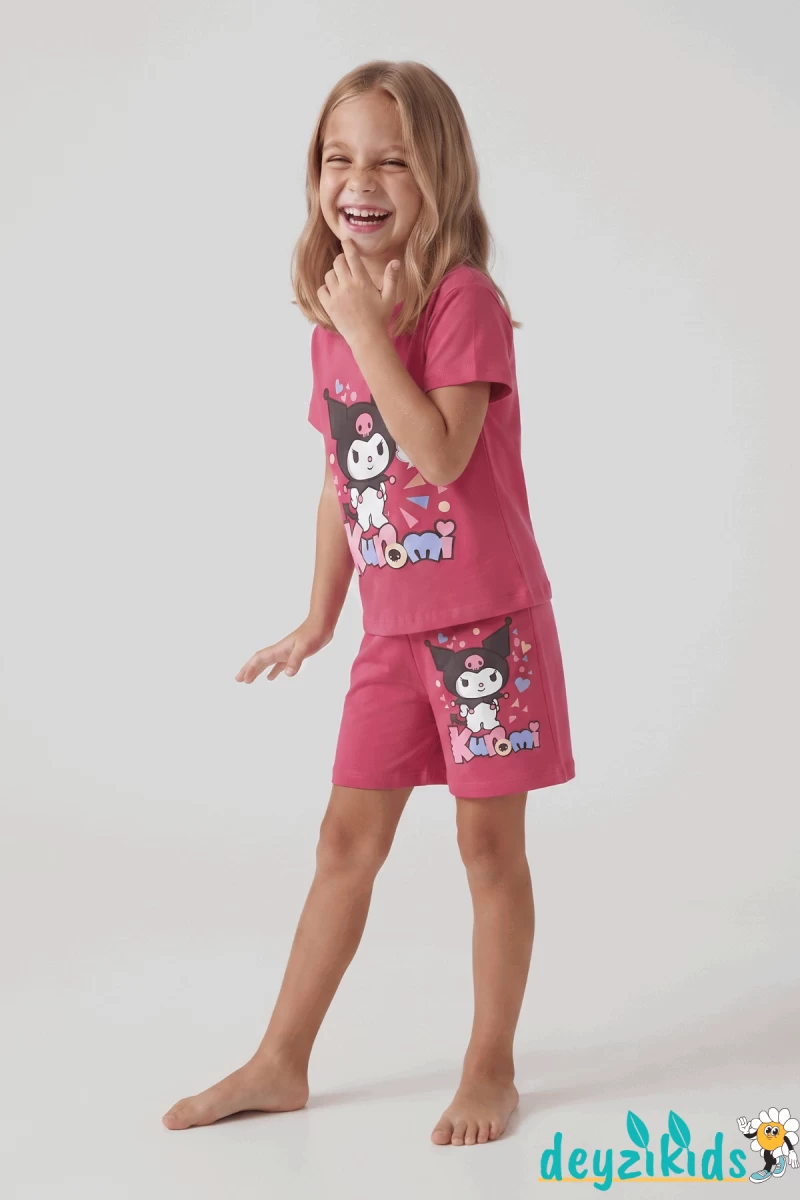 Kuromi Kalp Baskılı Kısa Kollu Esnek Kumaş Yuvarlak Bisiklet Yaka T-shirt Beli Lastikli Short Alt Üst Takım