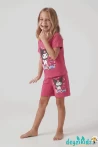 Kuromi Kalp Baskılı Kısa Kollu Esnek Kumaş Yuvarlak Bisiklet Yaka T-shirt Beli Lastikli Short Alt Üst Takım