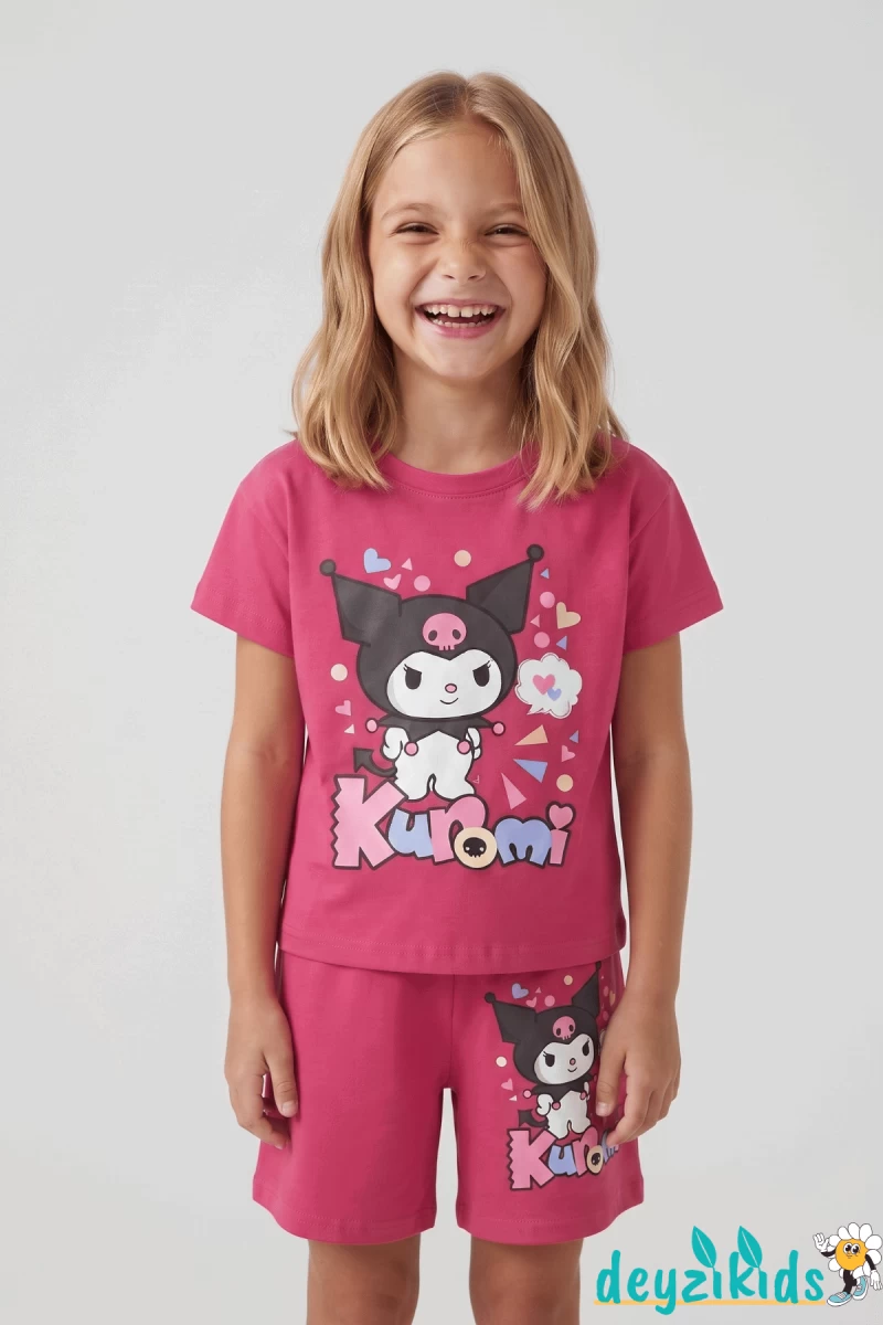 Kuromi Kalp Baskılı Kısa Kollu Esnek Kumaş Yuvarlak Bisiklet Yaka T-shirt Beli Lastikli Short Alt Üst Takım