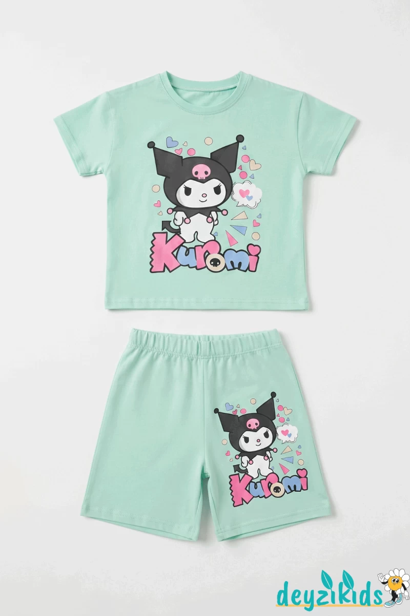 Kuromi Kalp Baskılı Kısa Kollu Esnek Kumaş Yuvarlak Bisiklet Yaka T-shirt Beli Lastikli Short Alt Üst Takım