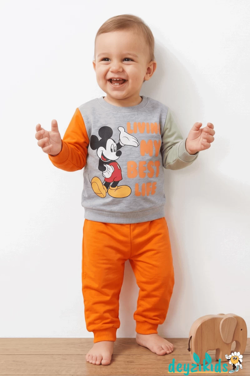 Lıvıng My Best Lıfe  Mıckey Mouse Baskılı Kolları Renkli  2 İp Alt Üst Takım 6-9-12-18-24 Aylık - 1-2- Yaş