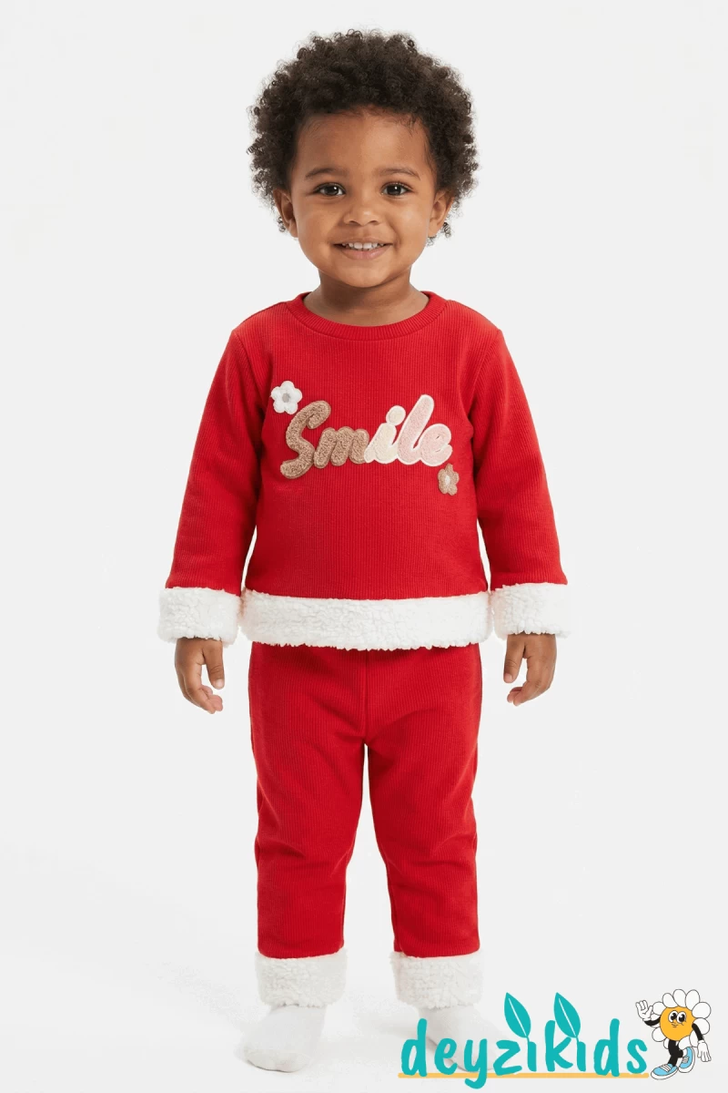 Smile Nakışlı Uçları Beyaz Peluş 3 İp Alt Üst Takım 6-9-12-18-24 Aylık - 1-2- Yaş Pudra