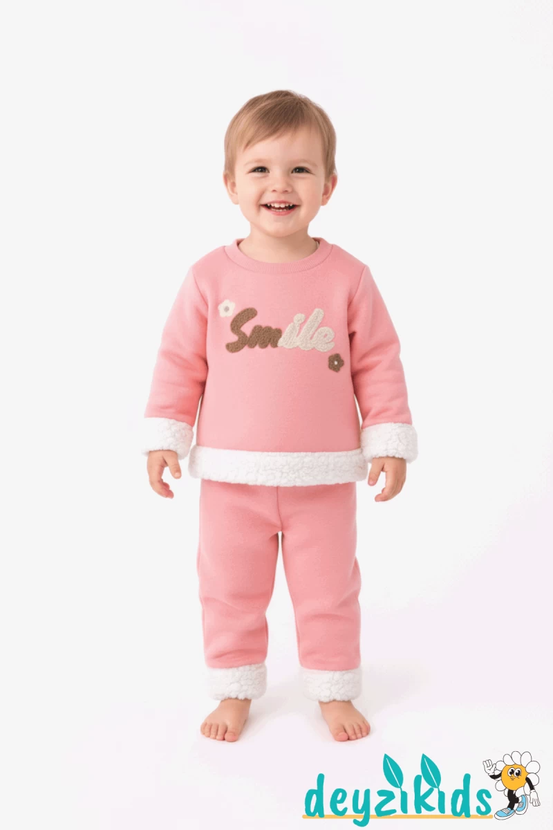 Smile Nakışlı Uçları Beyaz Peluş 3 İp Alt Üst Takım 6-9-12-18-24 Aylık - 1-2- Yaş Pudra