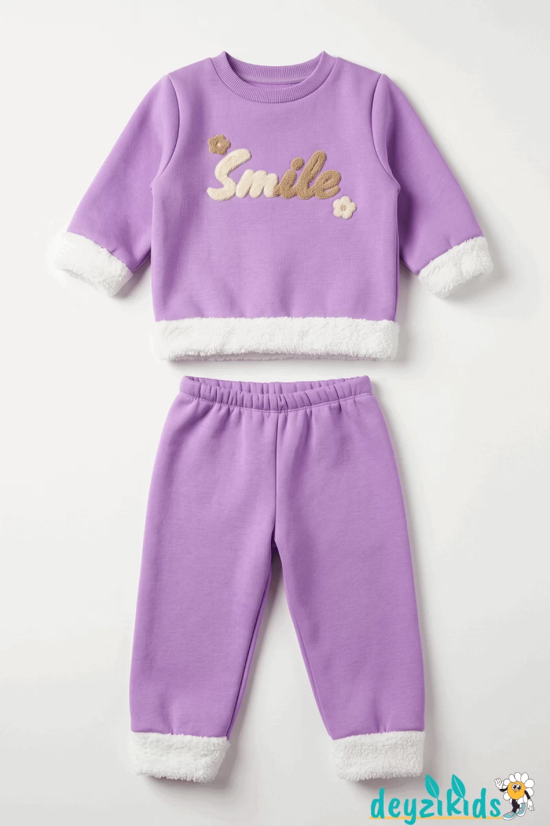 Smile Nakışlı Uçları Beyaz Peluş 3 İp Alt Üst Takım 6-9-12-18-24 Aylık - 1-2- Yaş Pudra