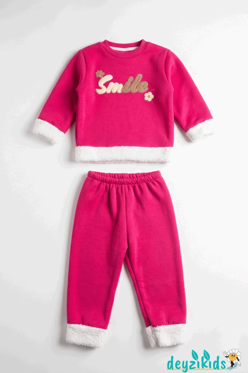 Smile Nakışlı Uçları Beyaz Peluş 3 İp Alt Üst Takım 6-9-12-18-24 Aylık - 1-2- Yaş Pudra
