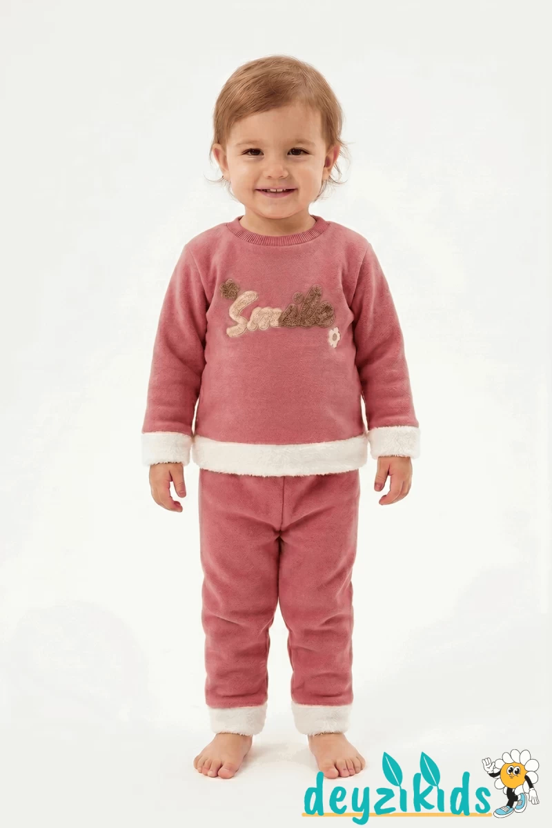 Smile Nakışlı Uçları Beyaz Peluş 3 İp Alt Üst Takım 6-9-12-18-24 Aylık - 1-2- Yaş Pudra