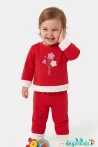 Çicek Nakışlı Uçları Beyaz Peluş 3 İp Alt Üst Takım 6-9-12-18-24 Aylık - 1-2- Yaş