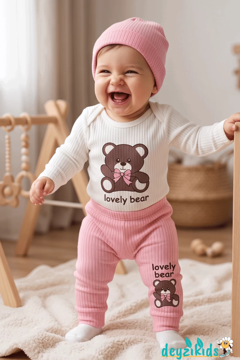 Love Ly Bear Çıtçıtlı Badili Şapkalı Alt Üst Takım 3'lü 9-12-18 Aylık