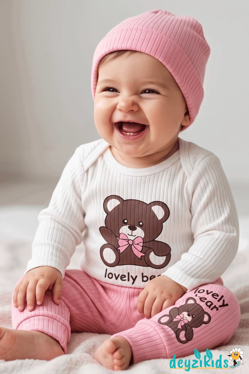Love Ly Bear Çıtçıtlı Badili Şapkalı Alt Üst Takım 3'lü 9-12-18 Aylık