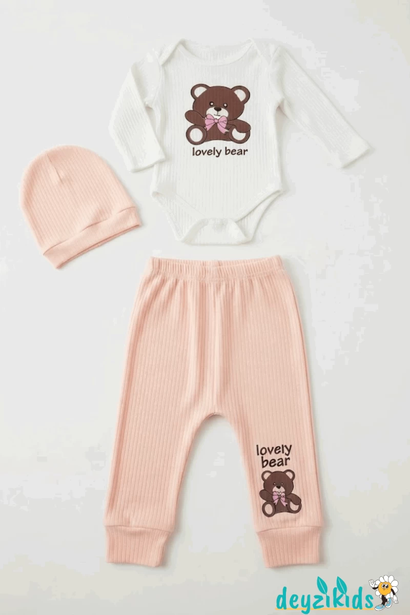 Love Ly Bear Çıtçıtlı Badili Şapkalı Alt Üst Takım 3'lü 9-12-18 Aylık