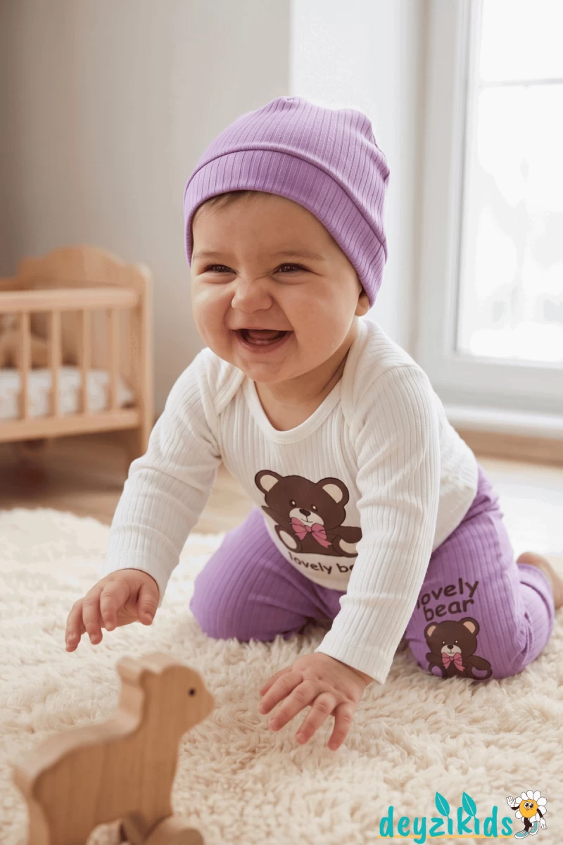 Love Ly Bear Çıtçıtlı Badili Şapkalı Alt Üst Takım 3'lü 9-12-18 Aylık