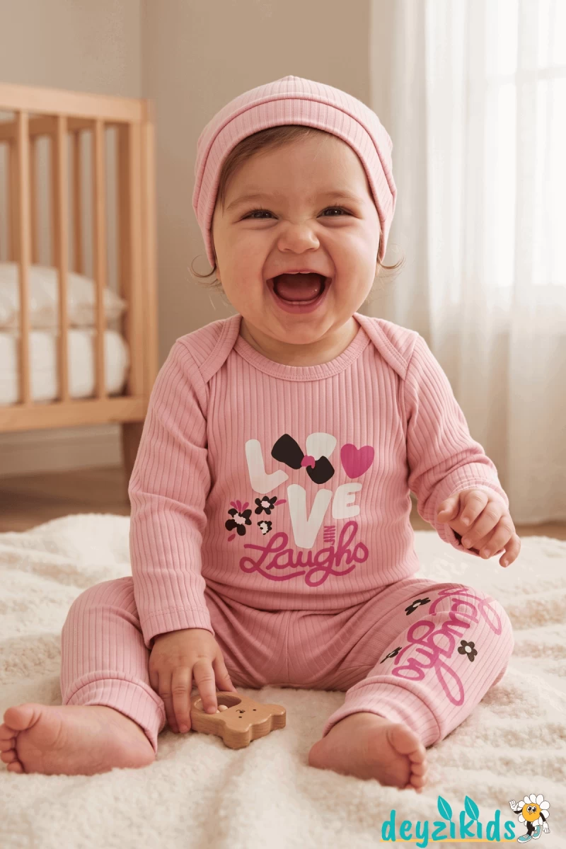 Love Baskılı Çıtçıtlı Badili Şapkalı Alt Üst Takım 3'lü 9-12-18 Aylık