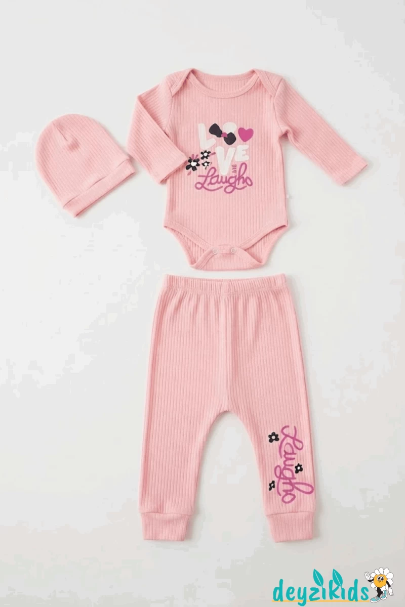 Love Baskılı Çıtçıtlı Badili Şapkalı Alt Üst Takım 3'lü 9-12-18 Aylık