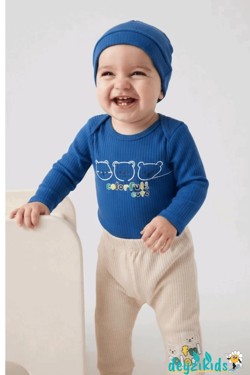 Colorful Ayıcık Baskılı Çıtçıtlı Badili Şapkalı Alt Üst Takım 3'lü 9-12-18 Aylık