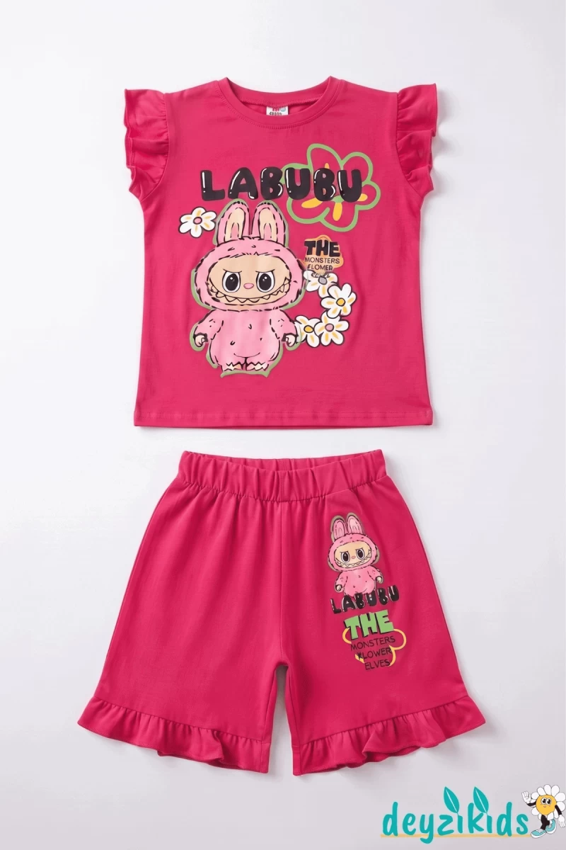Papatyalı Labubu Baskılı Kısa Kollu Esnek Kumaş Yuvarlak Bisiklet Yaka T-shirt Beli Lastikli Short Alt Üst Takım