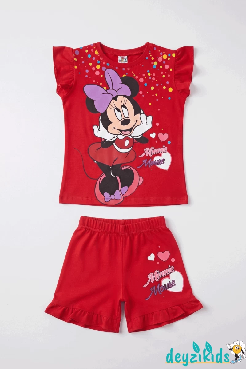 Minie Mouse Baskılı Fırfırlı Sıfır 0 Kollu Esnek Kumaş Yuvarlak Bisiklet Yaka T-shirt Beli Lastikli Short Alt Üst Takım