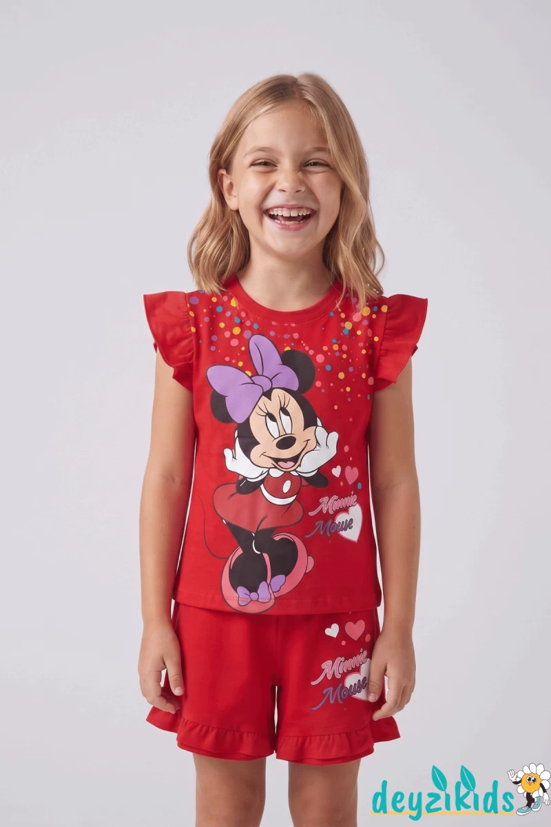 Minie Mouse Baskılı Fırfırlı Sıfır 0 Kollu Esnek Kumaş Yuvarlak Bisiklet Yaka T-shirt Beli Lastikli Short Alt Üst Takım