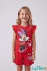 Minie Mouse Baskılı Fırfırlı Sıfır 0 Kollu Esnek Kumaş Yuvarlak Bisiklet Yaka T-shirt Beli Lastikli Short Alt Üst Takım