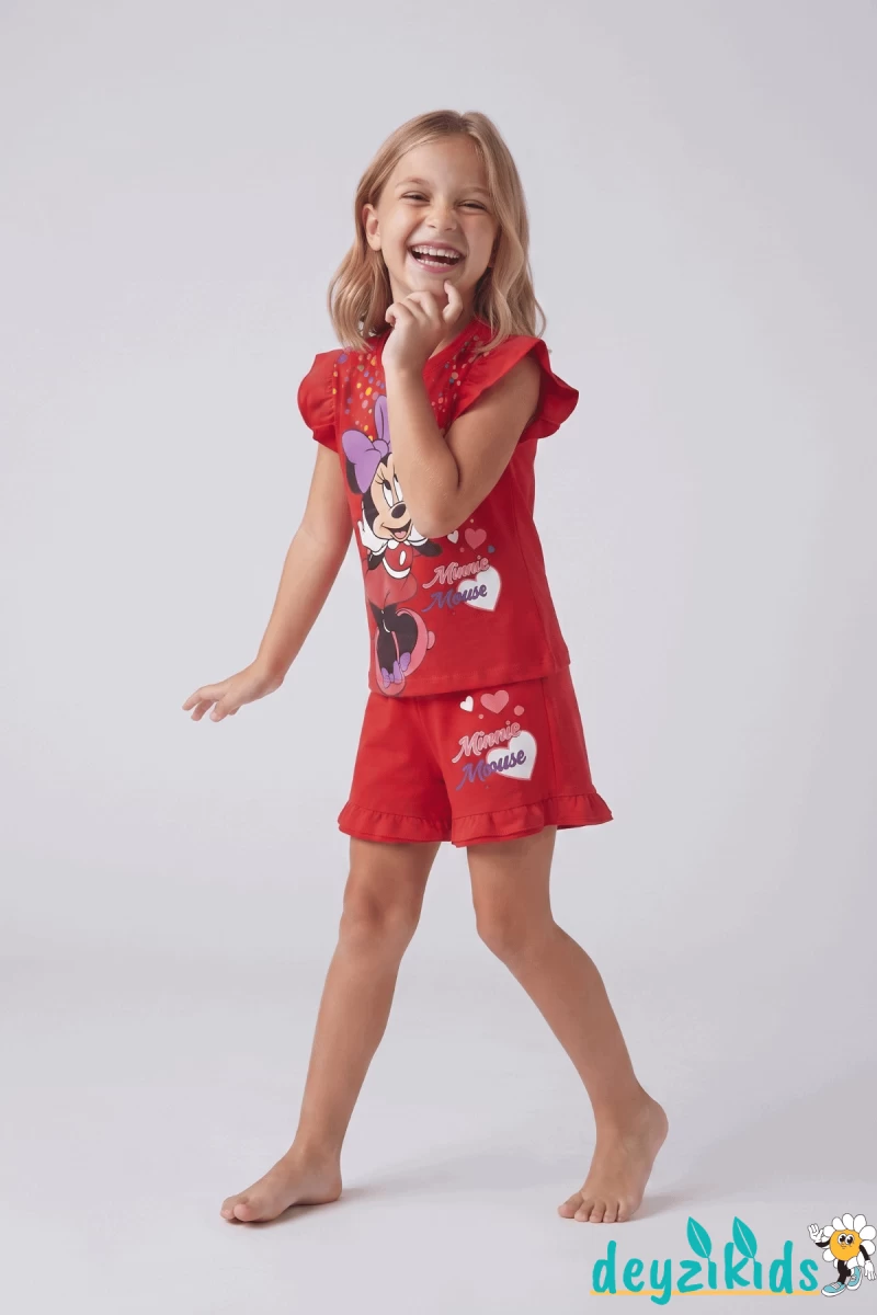 Minie Mouse Baskılı Fırfırlı Sıfır 0 Kollu Esnek Kumaş Yuvarlak Bisiklet Yaka T-shirt Beli Lastikli Short Alt Üst Takım