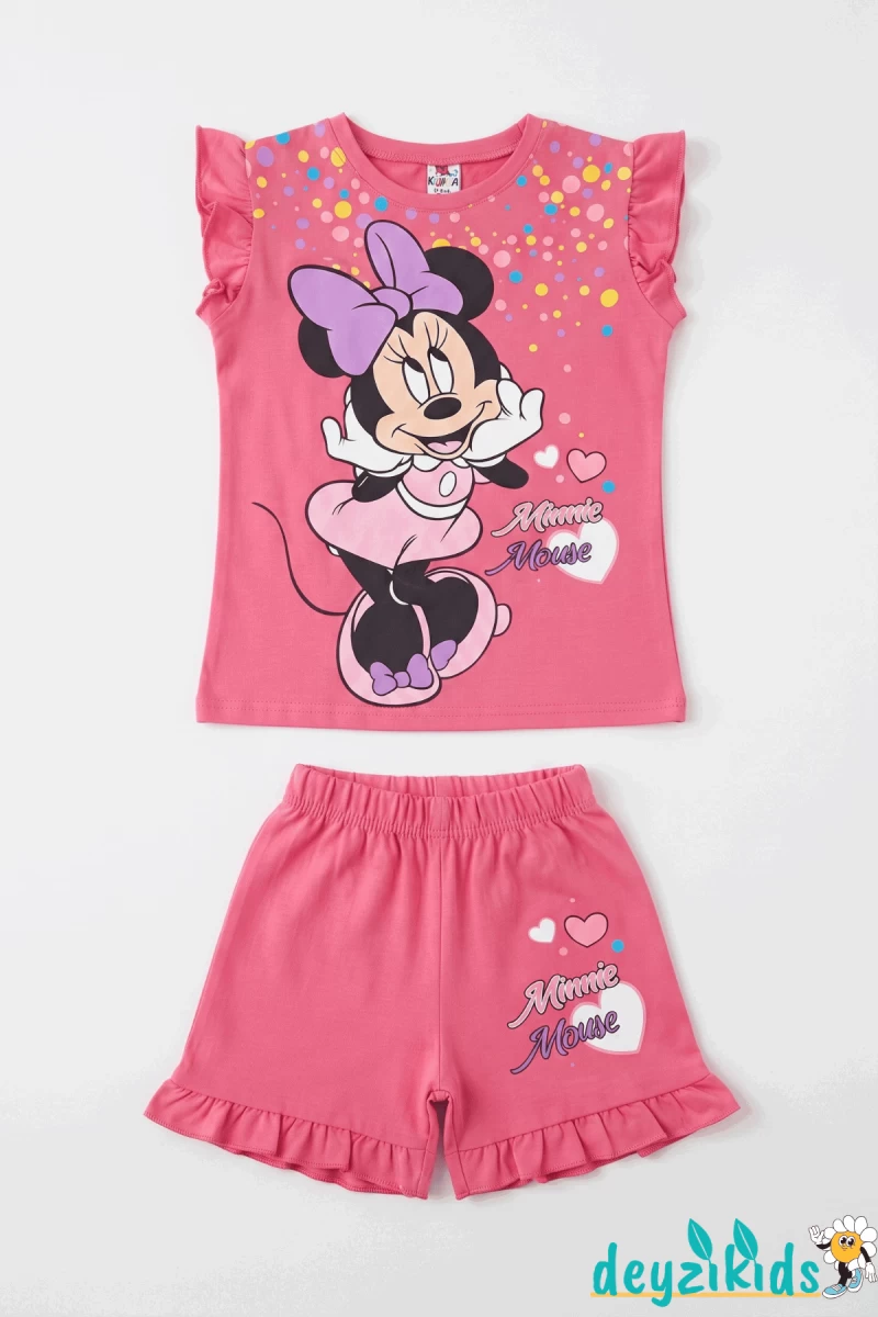 Minie Mouse Baskılı Fırfırlı Sıfır 0 Kollu Esnek Kumaş Yuvarlak Bisiklet Yaka T-shirt Beli Lastikli Short Alt Üst Takım
