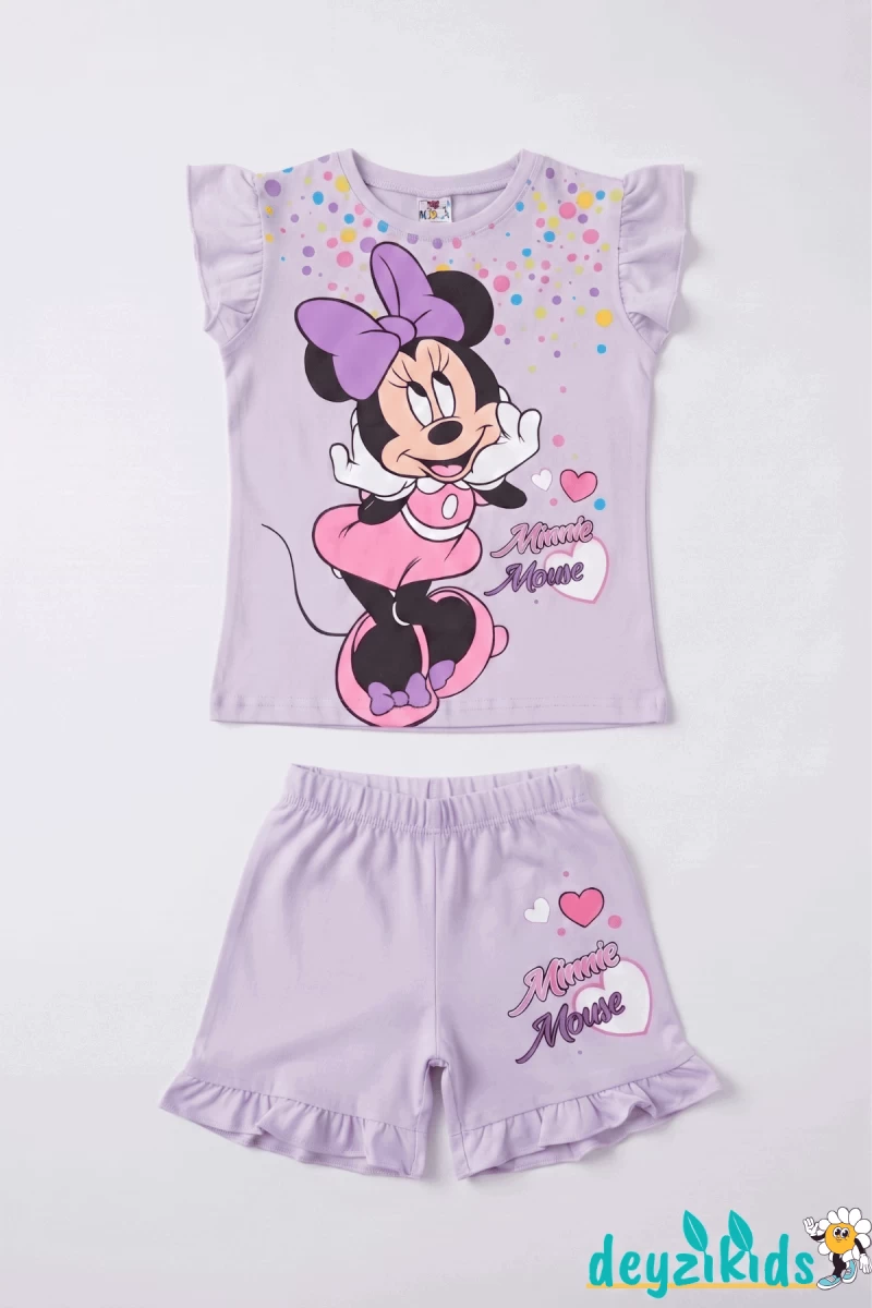 Minie Mouse Baskılı Fırfırlı Sıfır 0 Kollu Esnek Kumaş Yuvarlak Bisiklet Yaka T-shirt Beli Lastikli Short Alt Üst Takım