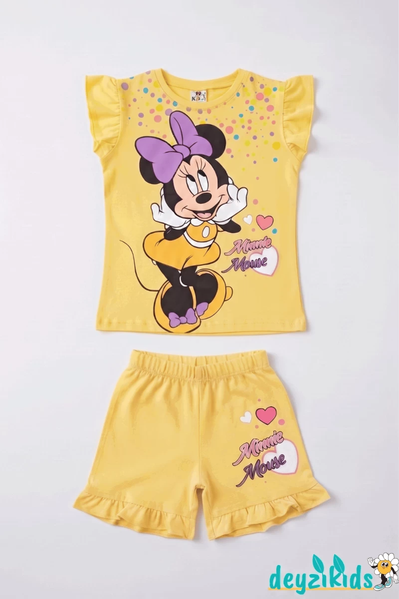 Minie Mouse Baskılı Fırfırlı Sıfır 0 Kollu Esnek Kumaş Yuvarlak Bisiklet Yaka T-shirt Beli Lastikli Short Alt Üst Takım