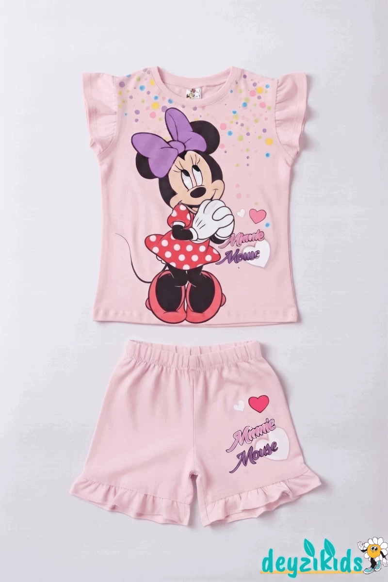 Minie Mouse Baskılı Fırfırlı Sıfır 0 Kollu Esnek Kumaş Yuvarlak Bisiklet Yaka T-shirt Beli Lastikli Short Alt Üst Takım