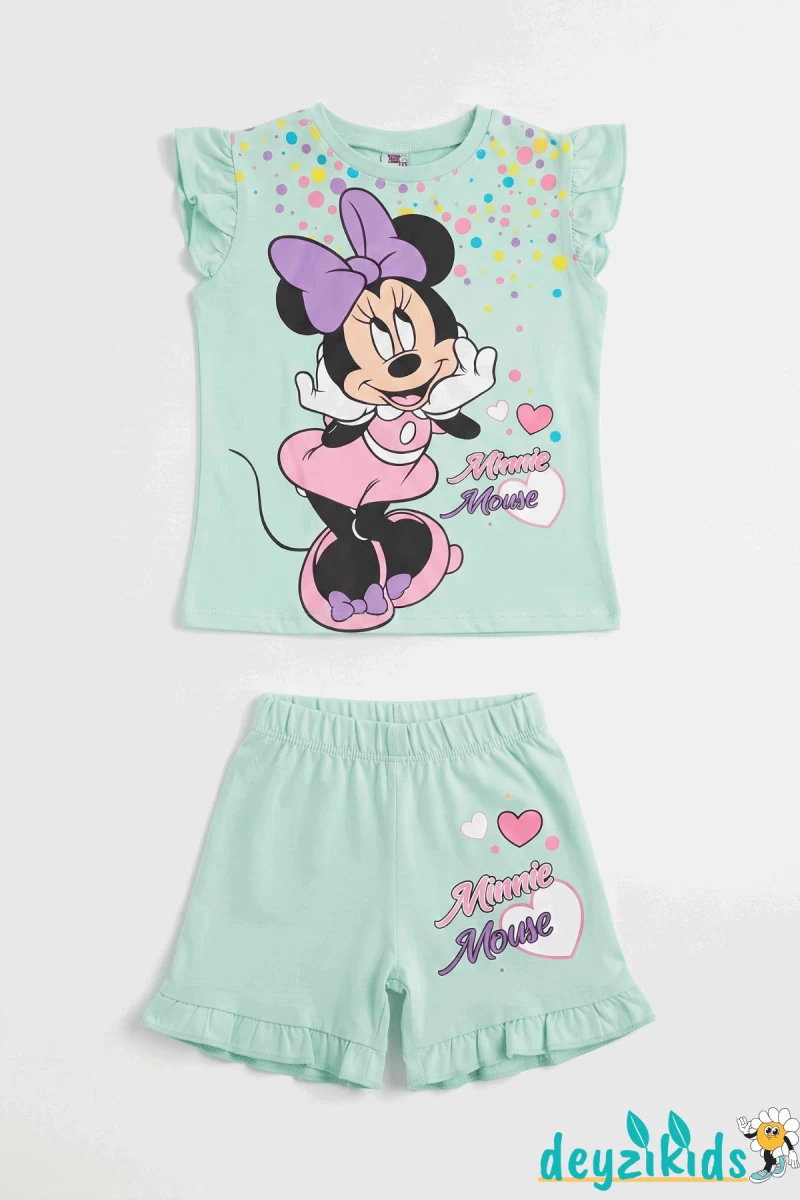 Minie Mouse Baskılı Fırfırlı Sıfır 0 Kollu Esnek Kumaş Yuvarlak Bisiklet Yaka T-shirt Beli Lastikli Short Alt Üst Takım