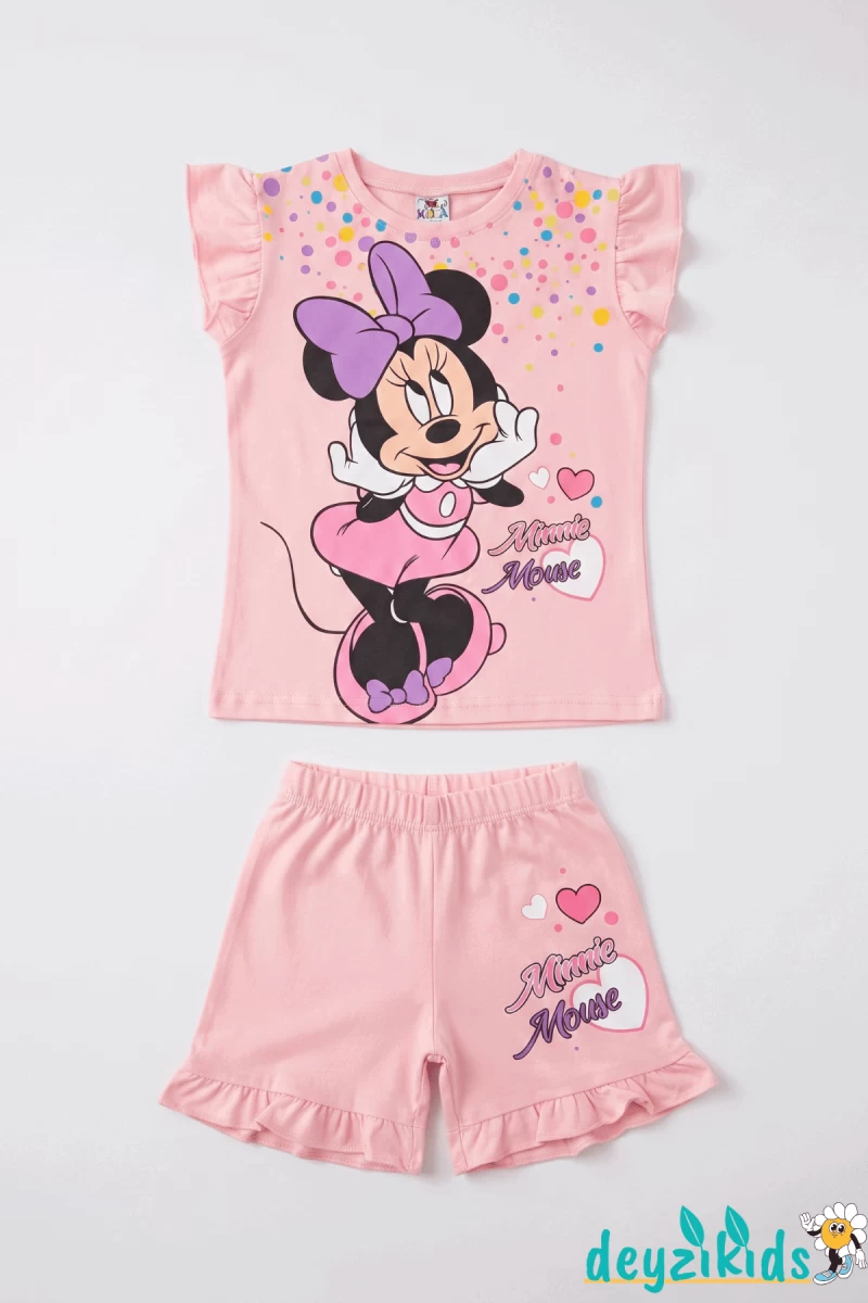 Minie Mouse Baskılı Fırfırlı Sıfır 0 Kollu Esnek Kumaş Yuvarlak Bisiklet Yaka T-shirt Beli Lastikli Short Alt Üst Takım