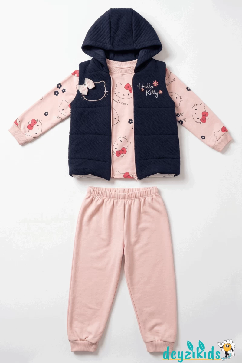 Hello Kitty Yelekli Alt Üst  3'lü Kız Takımı 3-4-5 Yaş