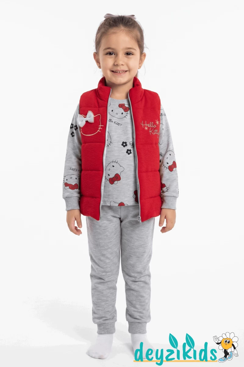 Hello Kitty Yelekli Alt Üst  3'lü Kız Takımı 3-4-5 Yaş