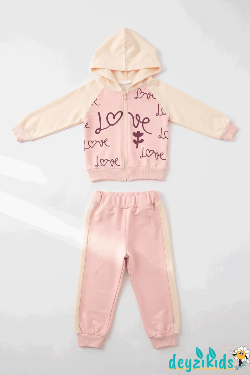 Love Baskılı 3'lü Kapşonlu Çeketli sweatshirt Eşorfman Altı 2-3-4-5 Yaş