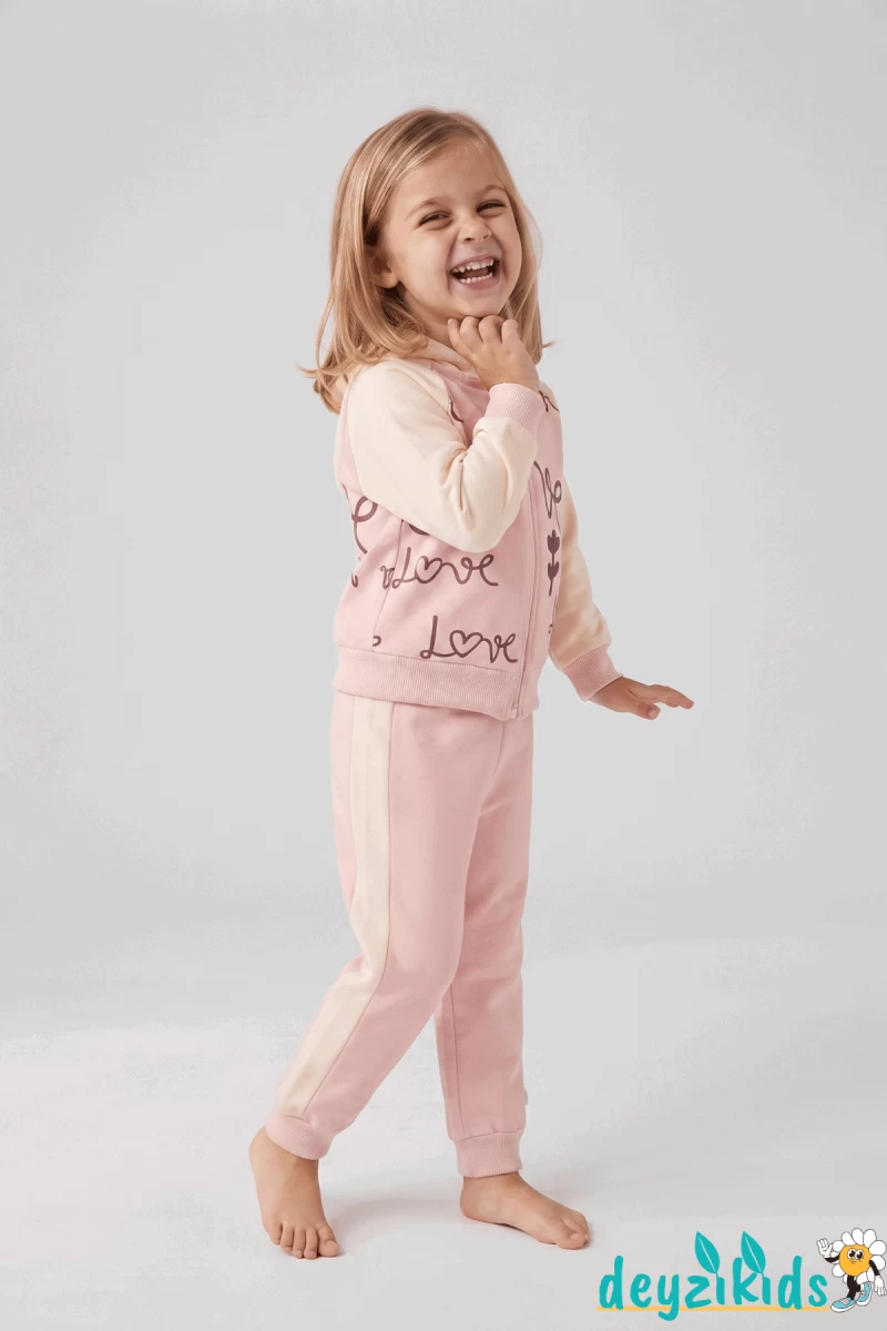 Love Baskılı 3'lü Kapşonlu Çeketli sweatshirt Eşorfman Altı 2-3-4-5 Yaş