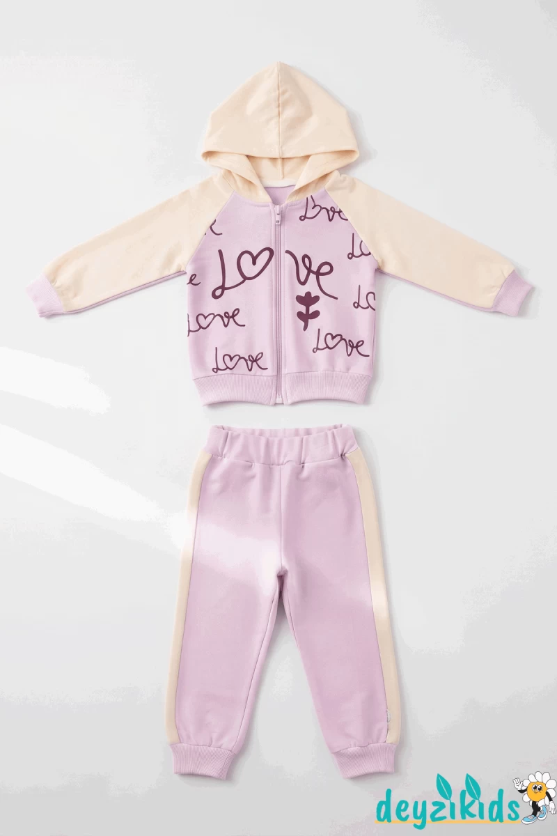 Love Baskılı 3'lü Kapşonlu Çeketli sweatshirt Eşorfman Altı 2-3-4-5 Yaş