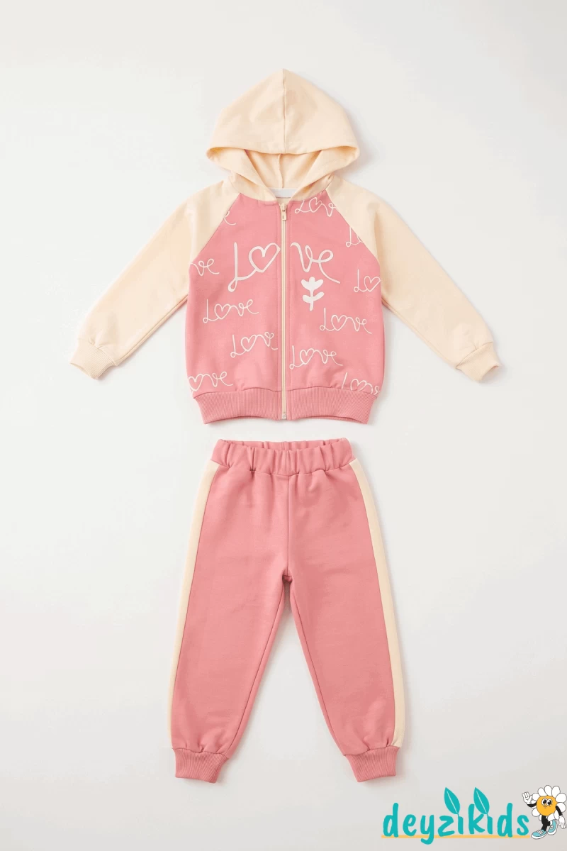 Love Baskılı 3'lü Kapşonlu Çeketli sweatshirt Eşorfman Altı 2-3-4-5 Yaş