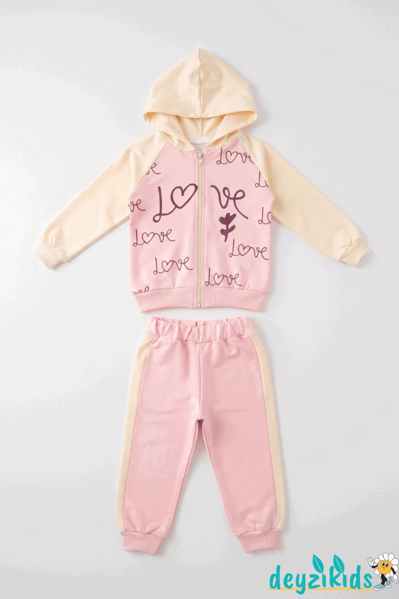Love Baskılı 3'lü Kapşonlu Çeketli sweatshirt Eşorfman Altı 2-3-4-5 Yaş