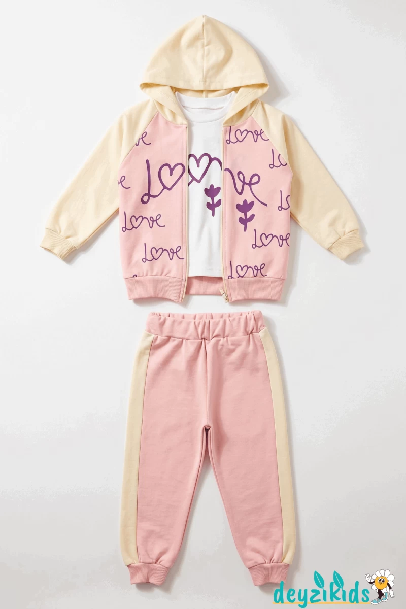 Love Baskılı 3'lü Kapşonlu Çeketli sweatshirt Eşorfman Altı 2-3-4-5 Yaş