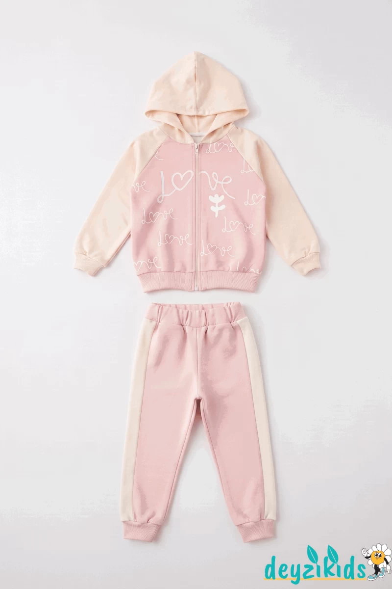 Love Baskılı 3'lü Kapşonlu Çeketli sweatshirt Eşorfman Altı 2-3-4-5 Yaş